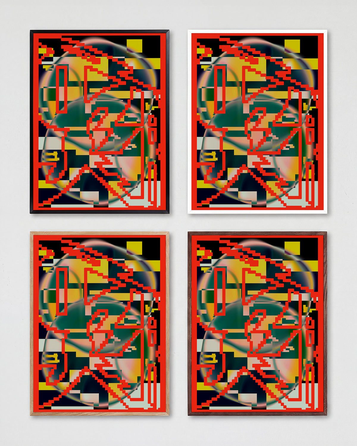 Chaos abstract art print shown in all frame colours