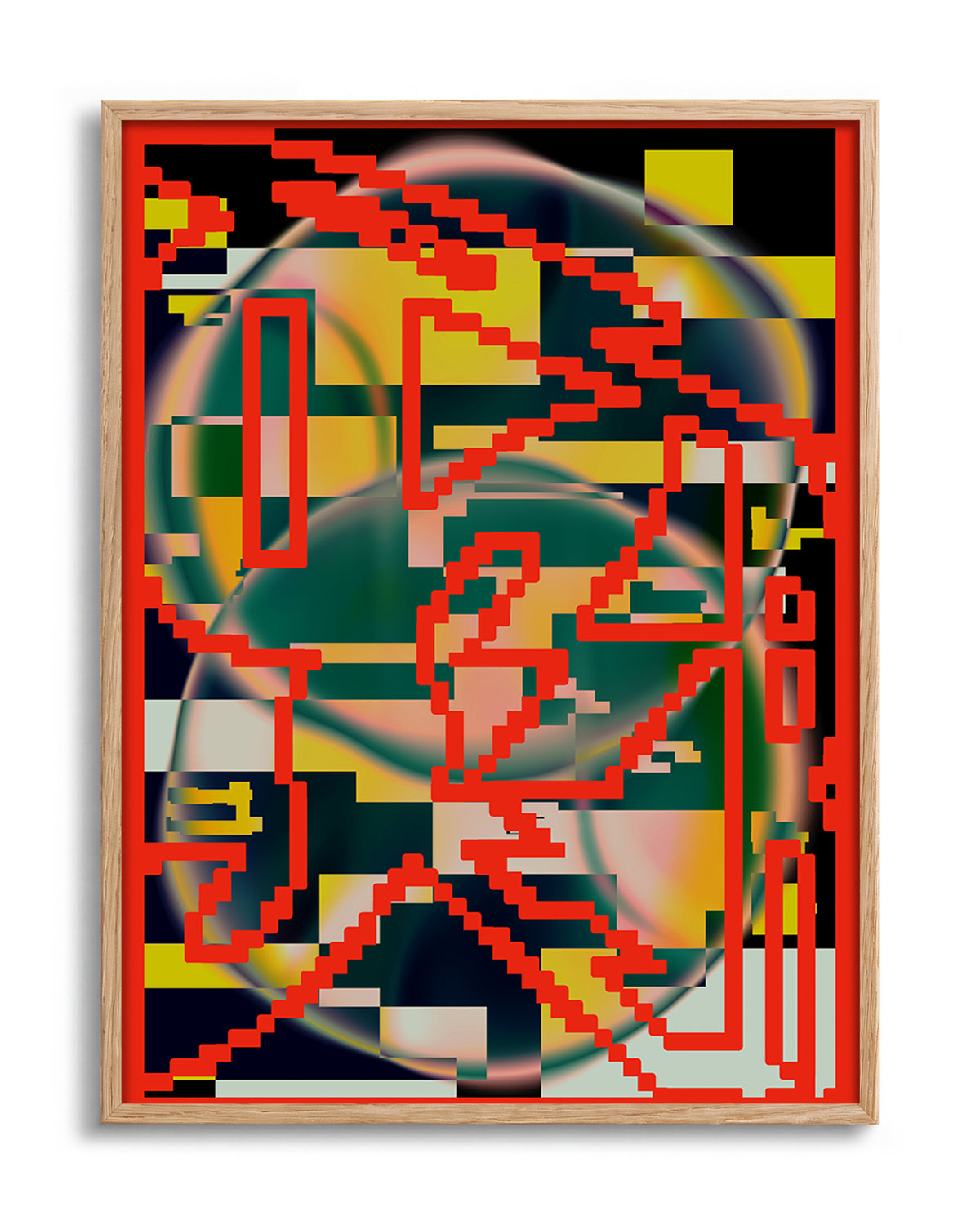 Chaos abstract art print in an oak frame