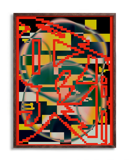 Chaos abstract art print in a walnut frame