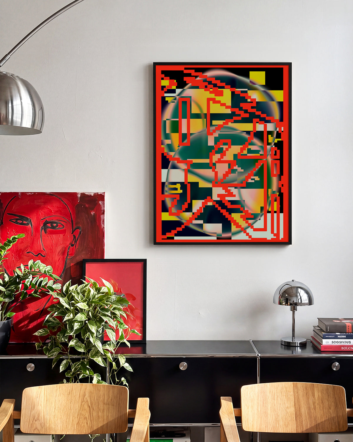 Chaos abstract art print in a black frame on a wall