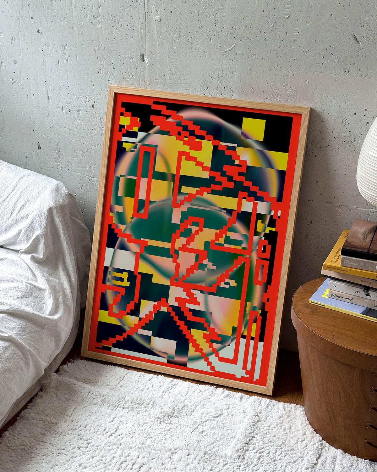 Chaos abstract art print in an oak frame on a wall