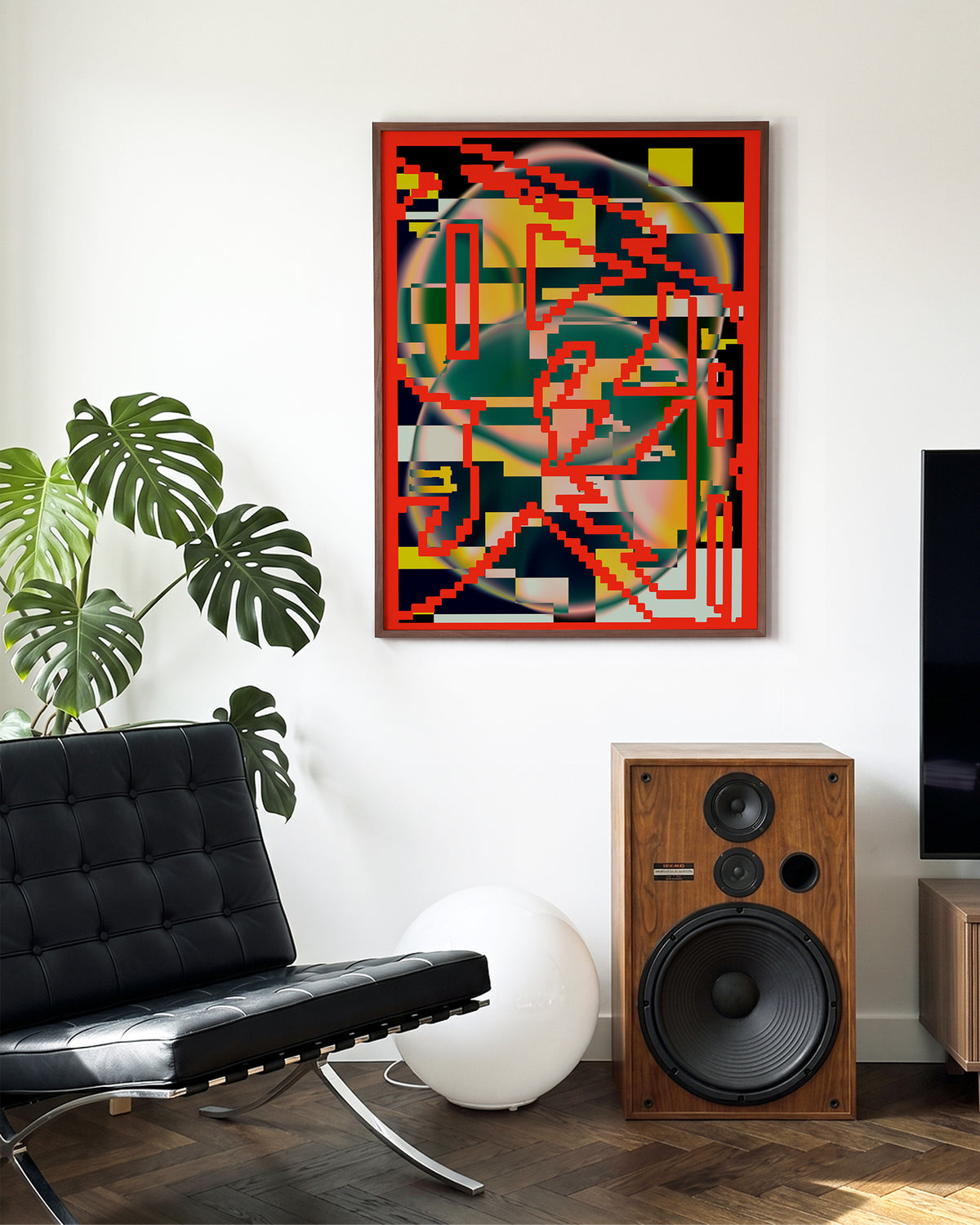 Chaos abstract art print in a walnut frame on a wall