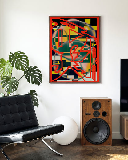 Chaos abstract art print in a walnut frame on a wall