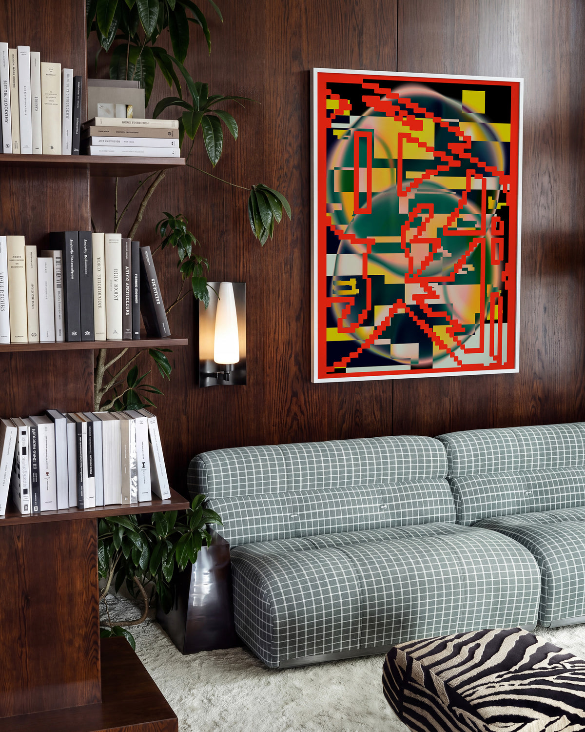 Chaos abstract art print in a white frame on a wall