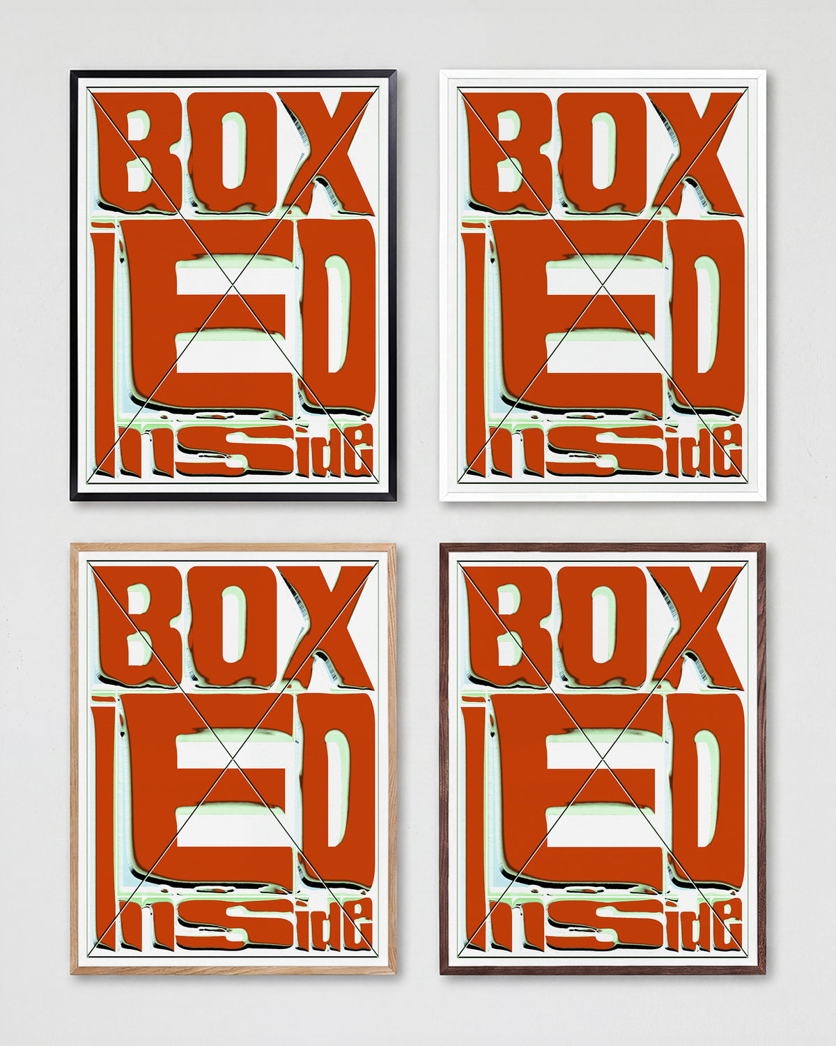 Boxed retro typography quote print shown in all frame colours