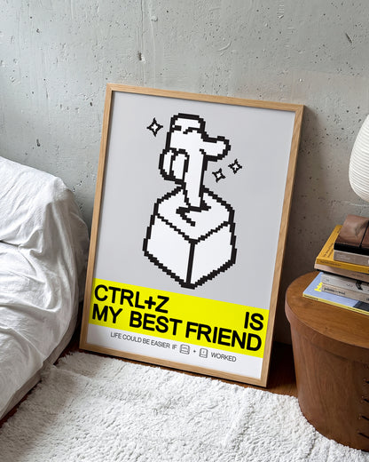 Ctrl+z retro pop art poster in an oak frame on a wall