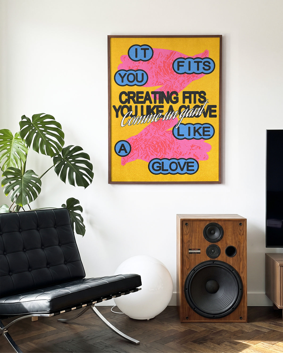 Comme un gant jaune French pop art print in a walnut frame on a wall