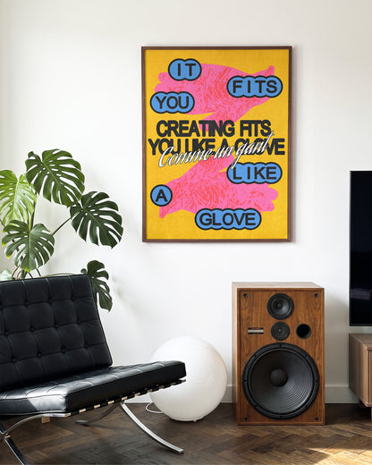 Comme un gant jaune French pop art print in a walnut frame on a wall