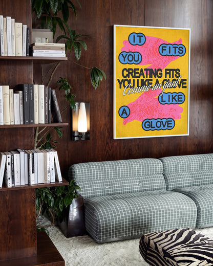 Comme un gant jaune French pop art print in a white frame on a wall