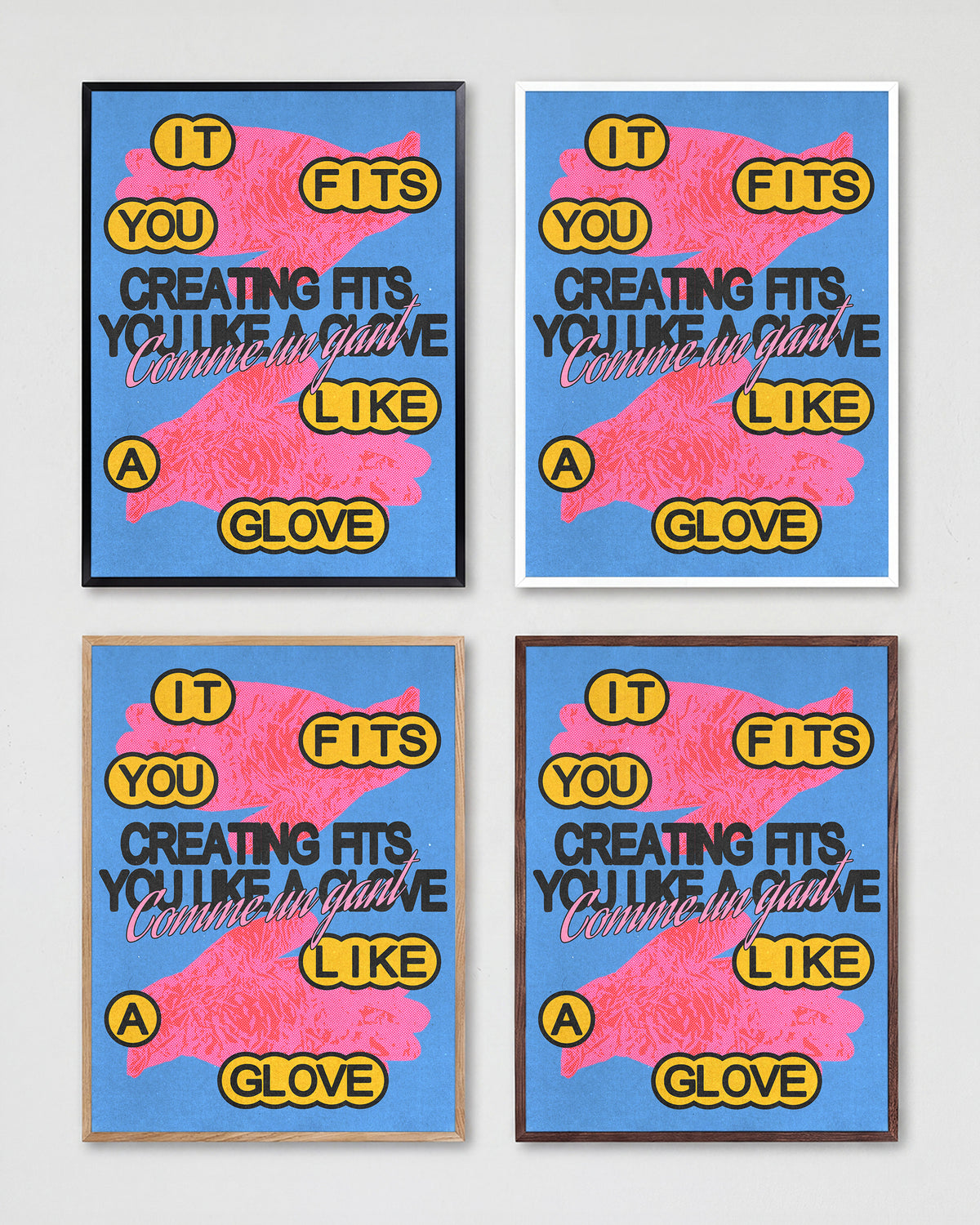Comme un gant bleu French pop art print shown in all frame colours
