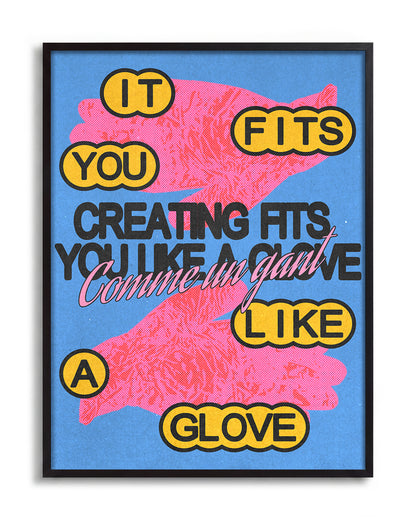 Comme un gant bleu French pop art print in a black frame