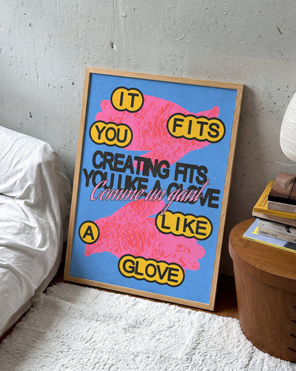 Comme un gant bleu French pop art print in an oak frame on a wall