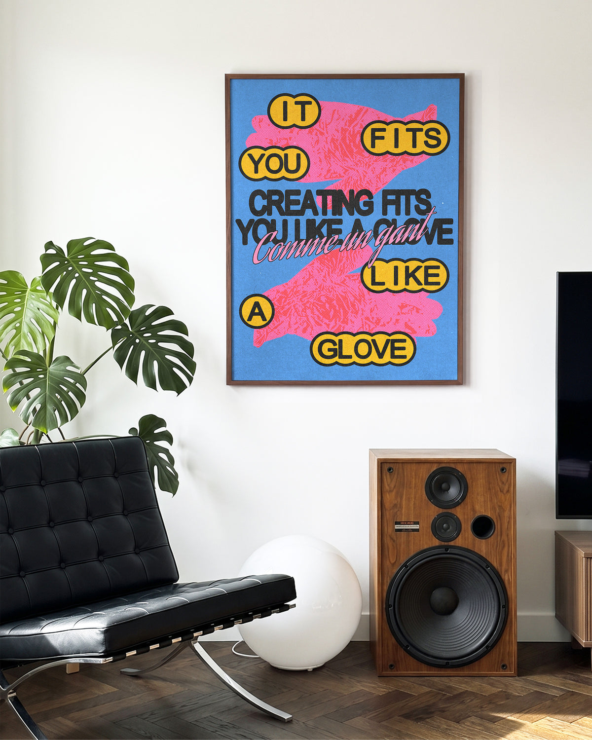Comme un gant bleu French pop art print in a walnut frame on a wall