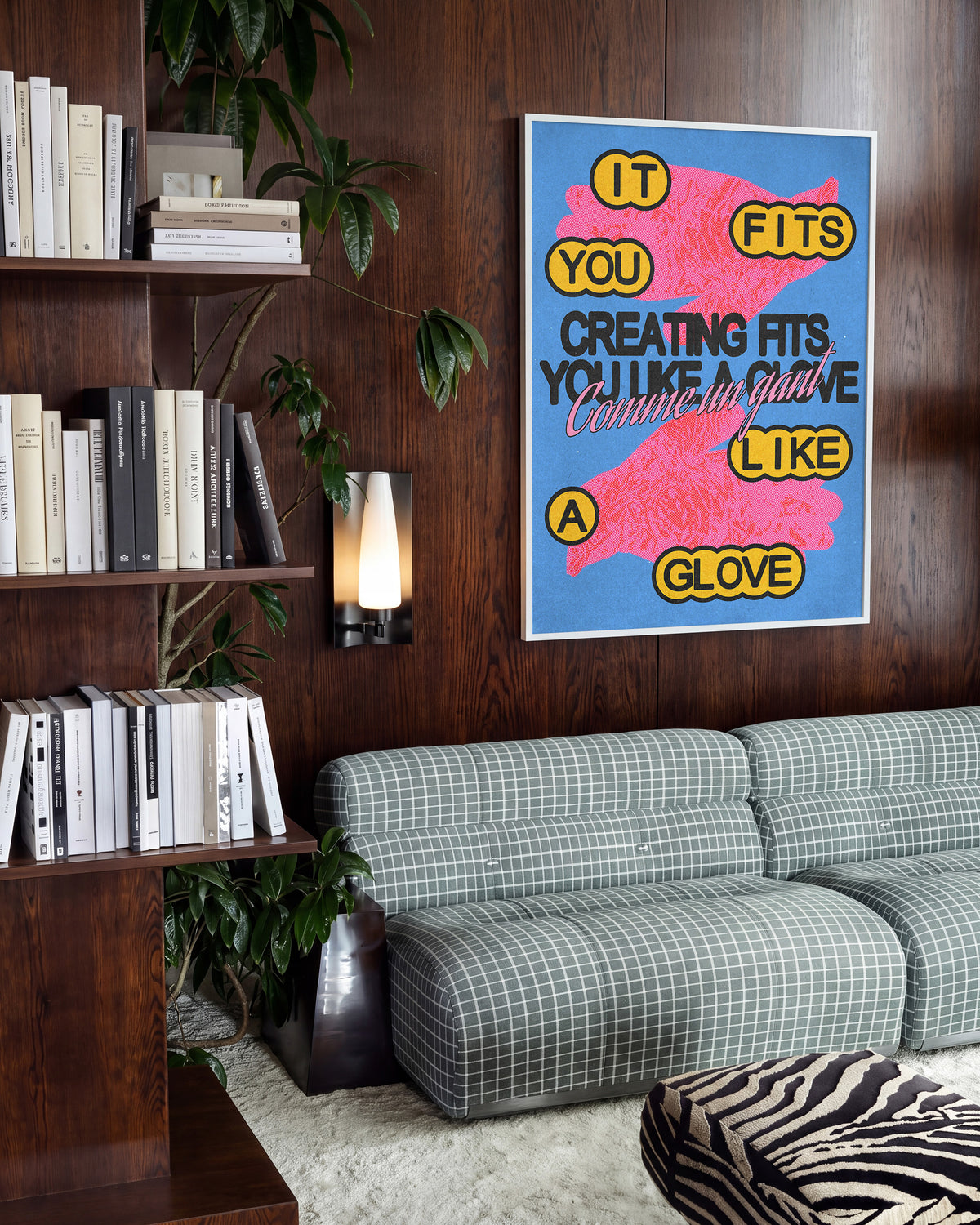 Comme un gant bleu French pop art print in a white frame on a wall
