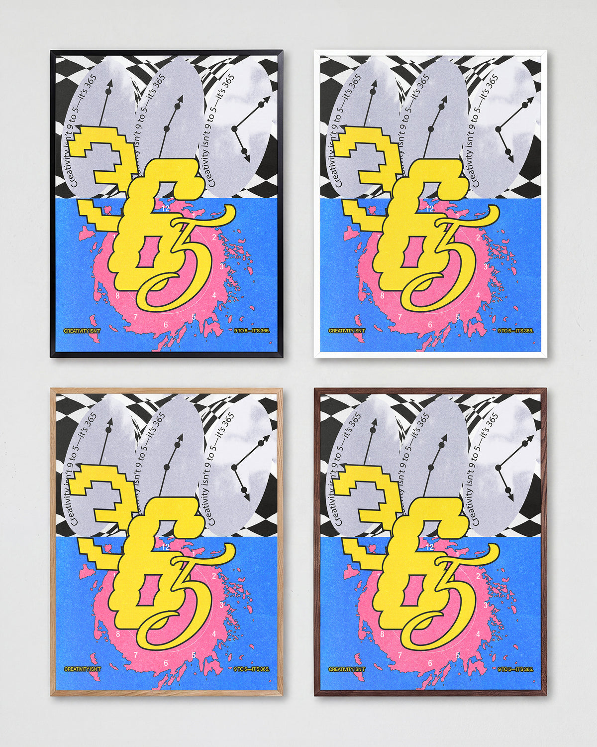365 retro psychedelic art print shown in all frame colours