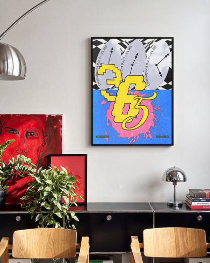 365 retro psychedelic art print in a black frame on a wall