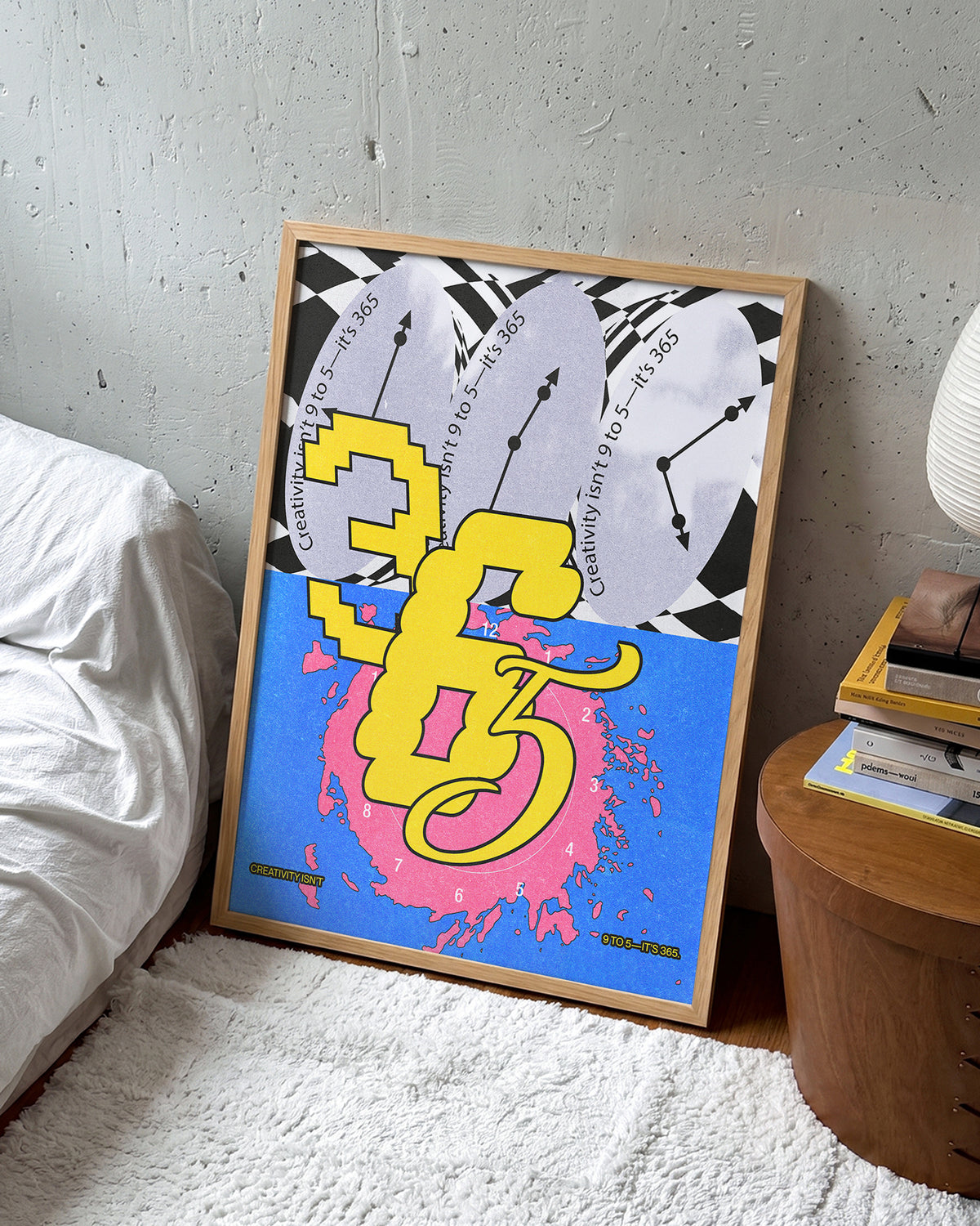 365 retro psychedelic art print in an oak frame on a wall