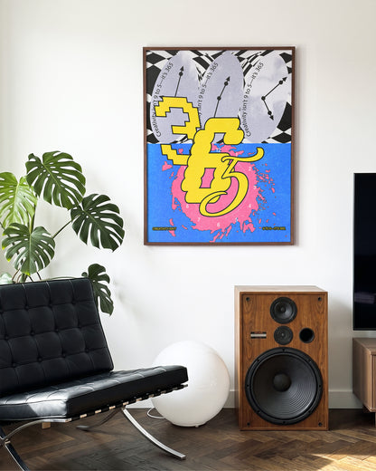 365 retro psychedelic art print in a walnut frame on a wall