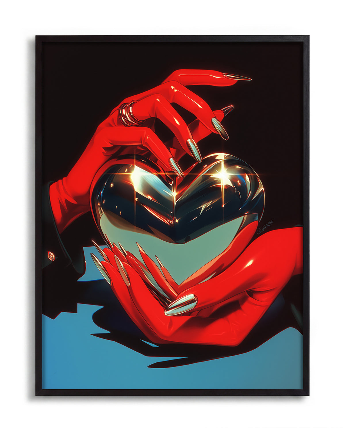 Chrome heart retro heart illustration print in a black frame