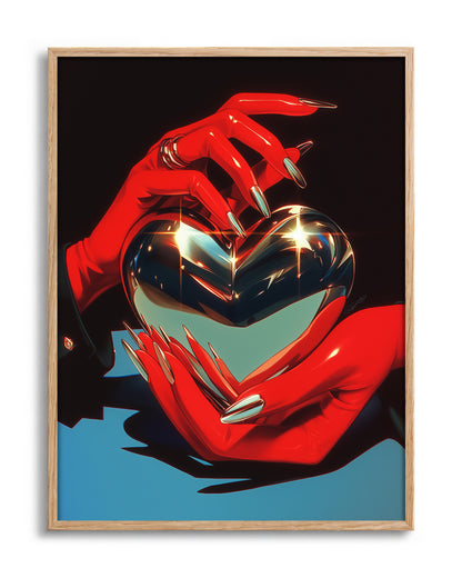 Chrome heart retro heart illustration print in an oak frame