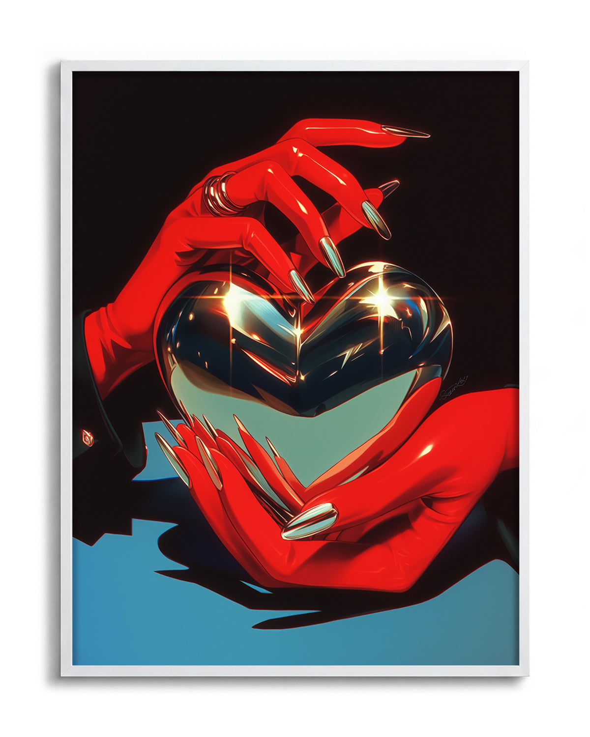Chrome heart retro heart illustration print in a white frame