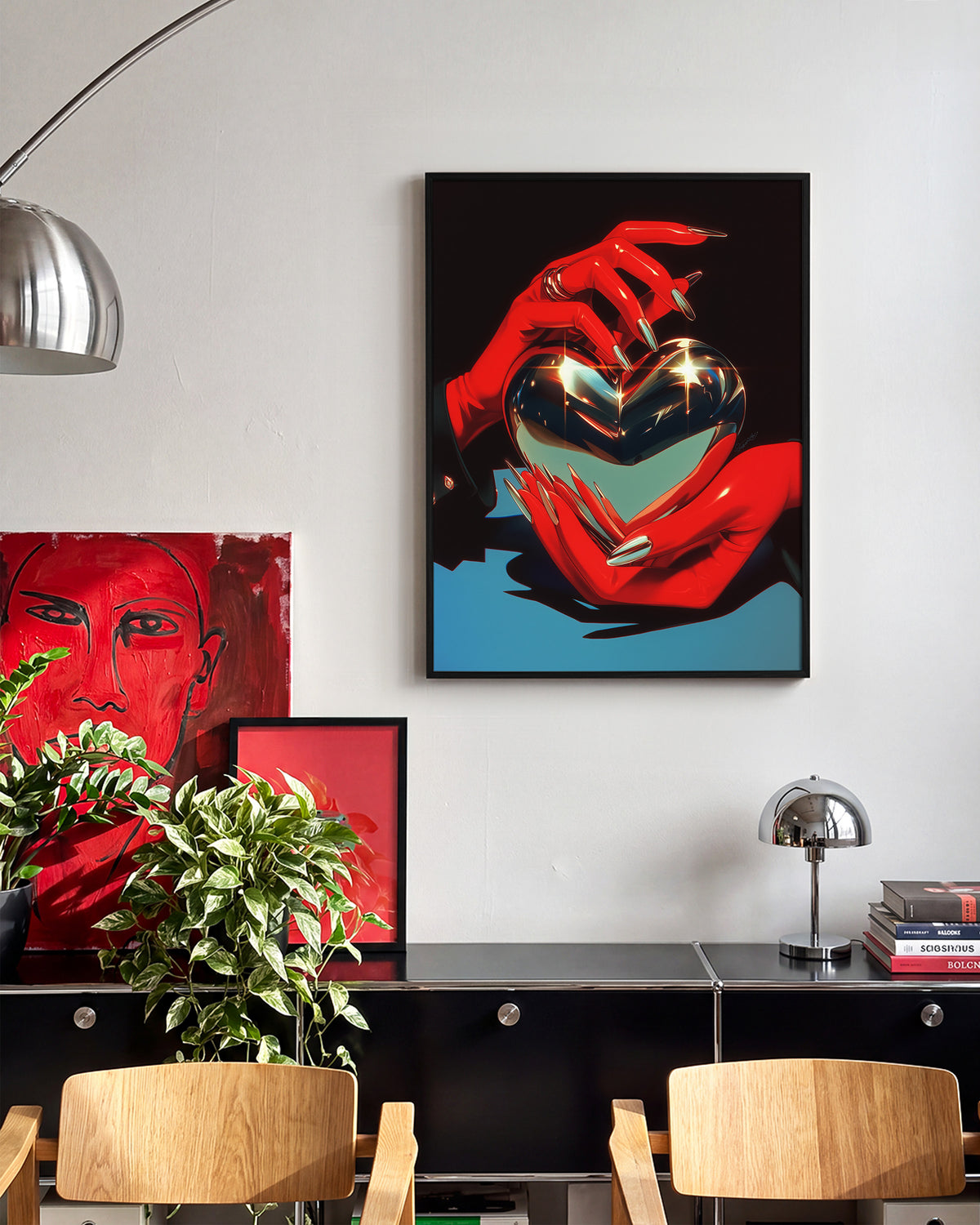 Chrome heart retro heart illustration print in a black frame on a wall