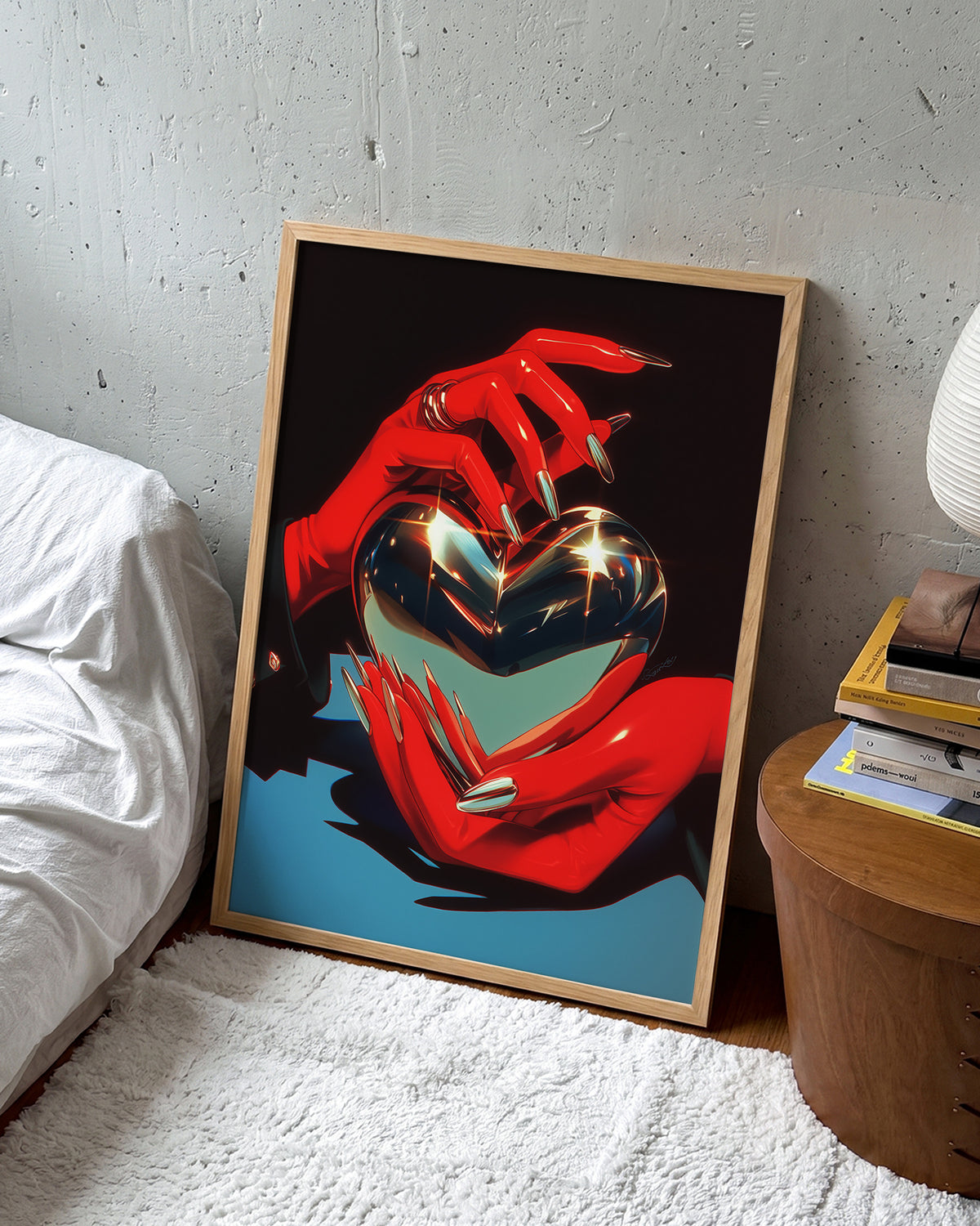 Chrome heart retro heart illustration print in an oak frame on a wall