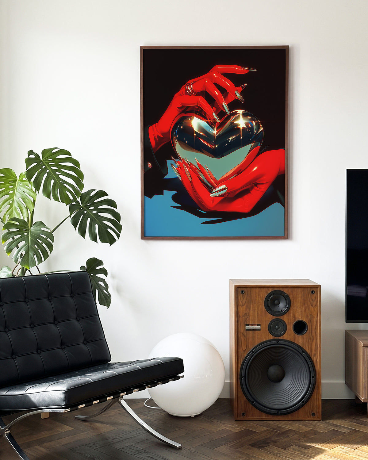 Chrome heart retro heart illustration print in a walnut frame on a wall