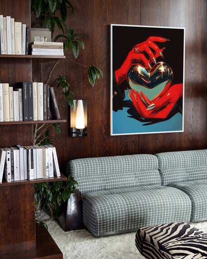 Chrome heart retro heart illustration print in a white frame on a wall