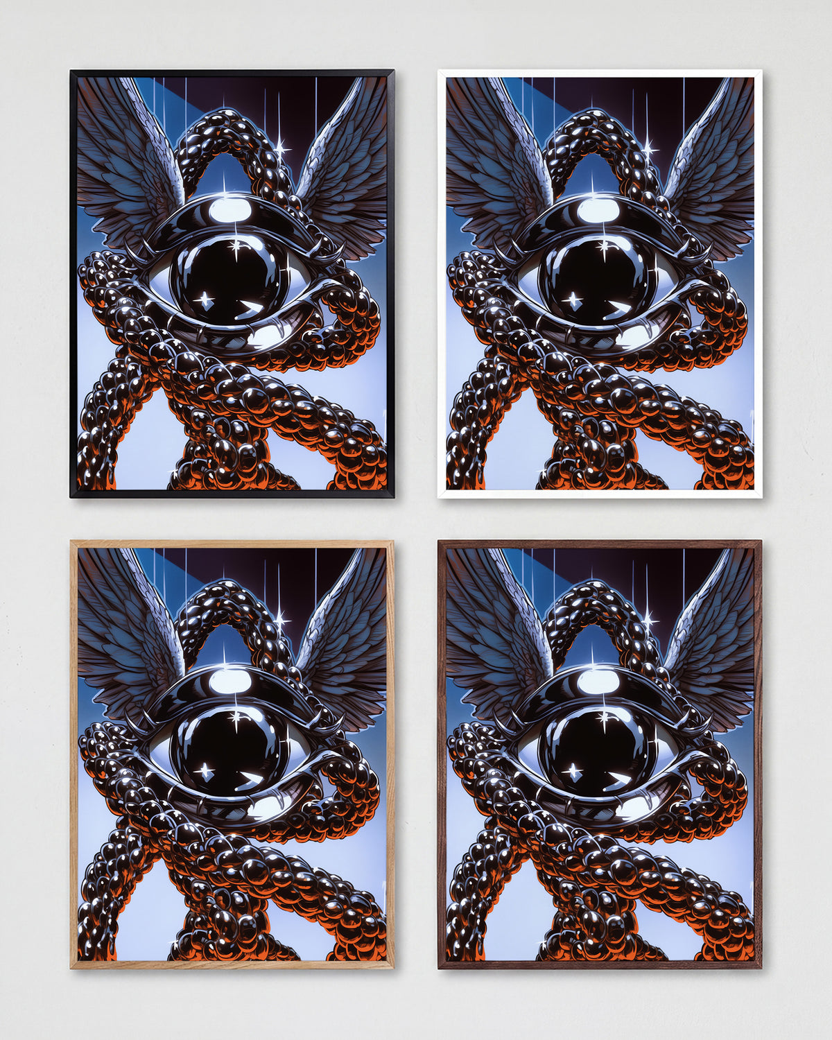Eye retro illustration art print shown in all frame colours