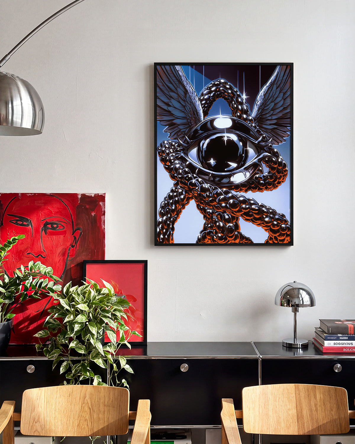 Eye retro illustration art print in a black frame on a wall