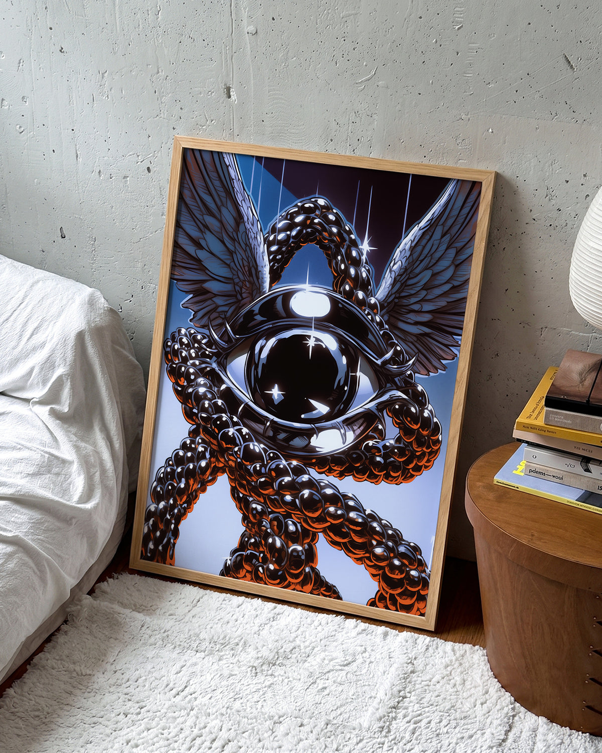 Eye retro illustration art print in an oak frame on a wall