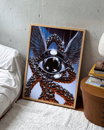 Eye retro illustration art print in an oak frame on a wall