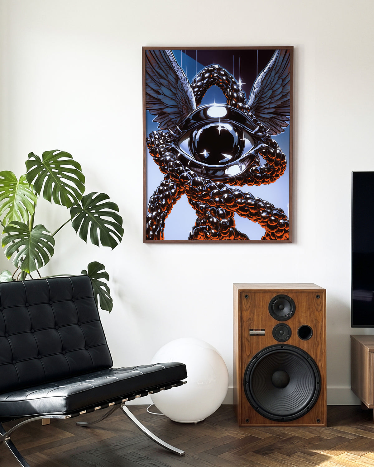 Eye retro illustration art print in a walnut frame on a wall