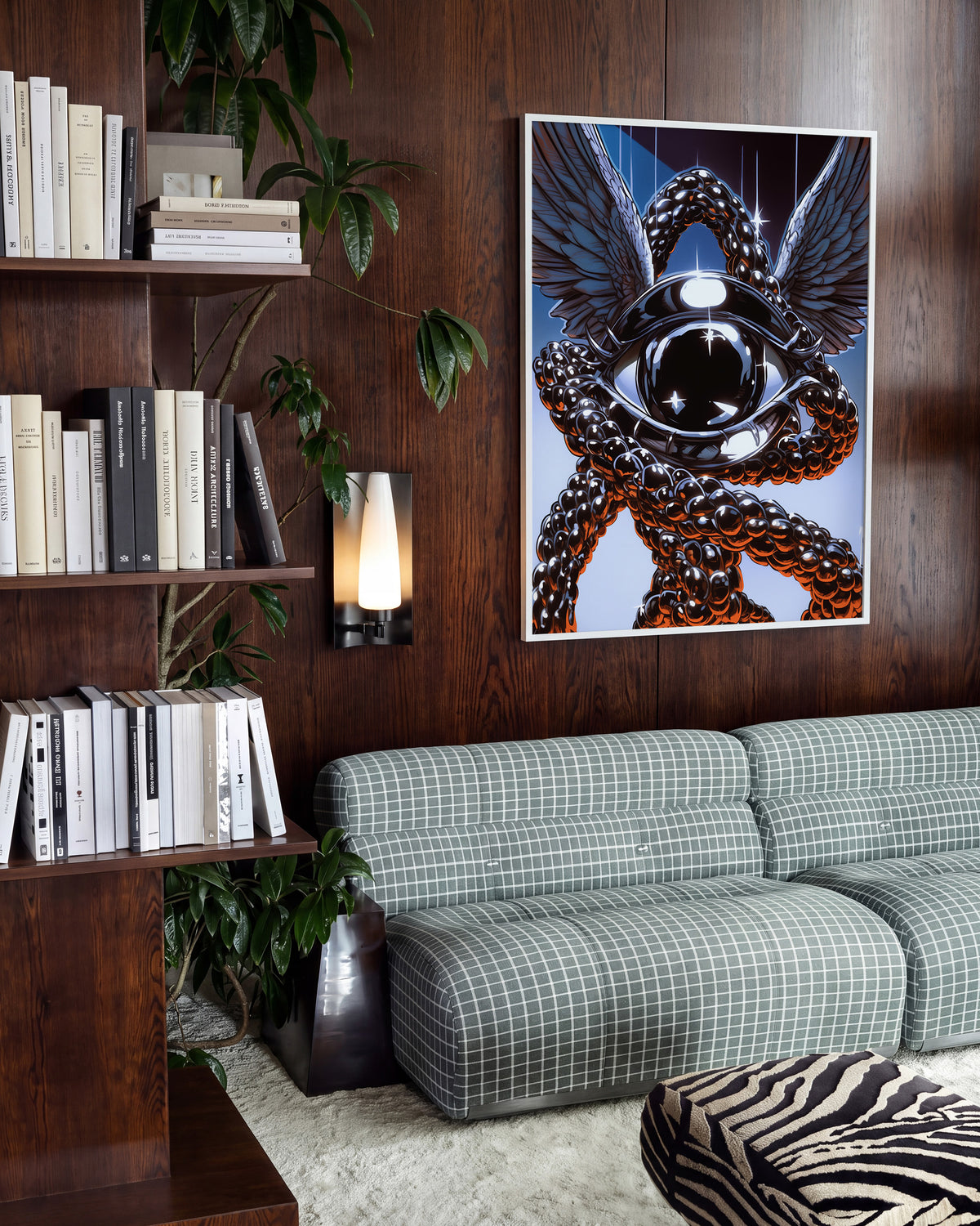 Eye retro illustration art print in a white frame on a wall
