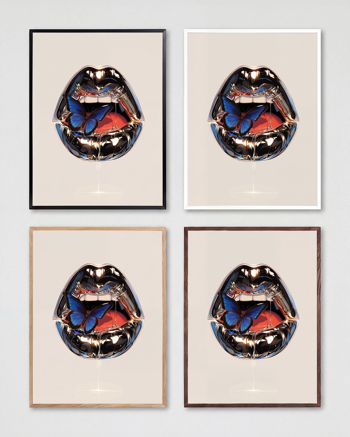 Lips retro lips illustration print shown in all frame colours