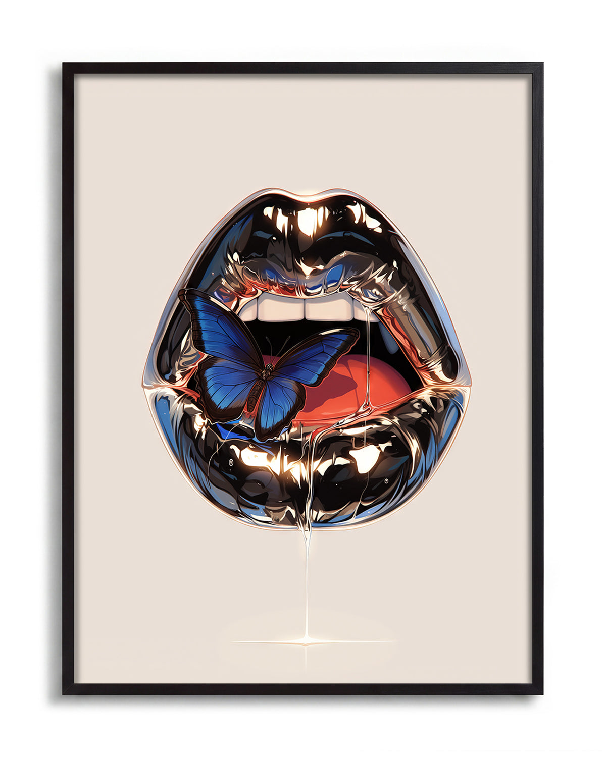 Lips retro lips illustration print in a black frame