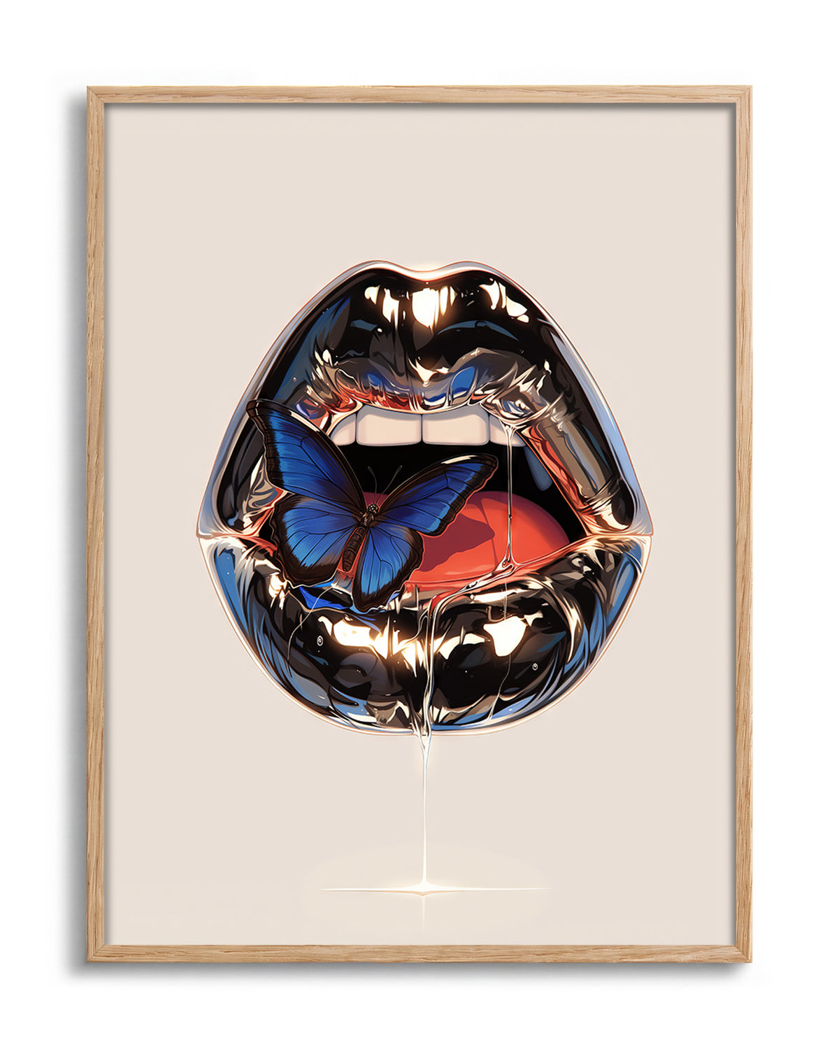 Lips retro lips illustration print in an oak frame