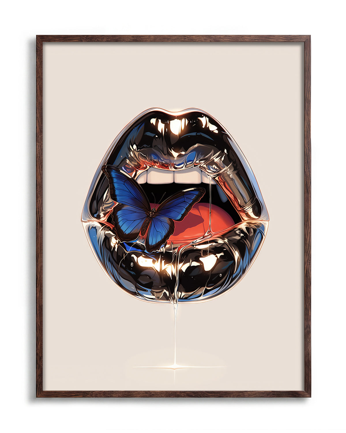 Lips retro lips illustration print in a walnut frame