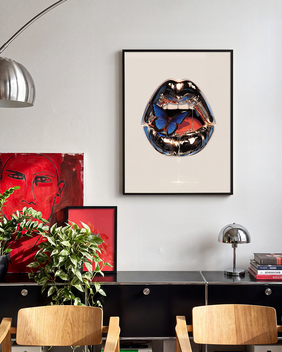Lips retro lips illustration print in a black frame on a wall