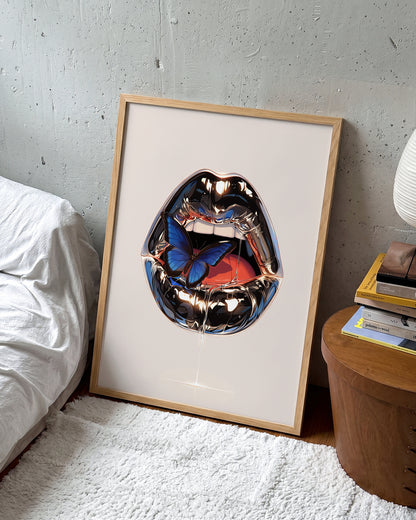 Lips retro lips illustration print in an oak frame on a wall