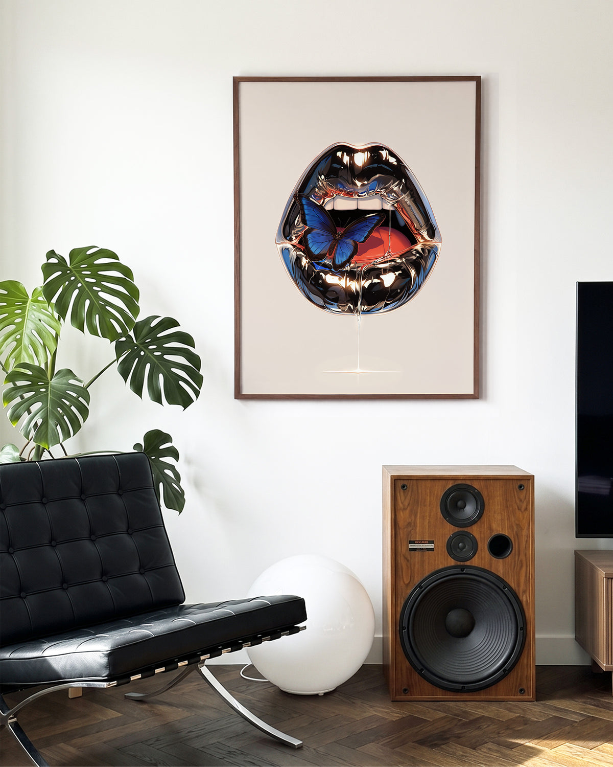 Lips retro lips illustration print in a walnut frame on a wall
