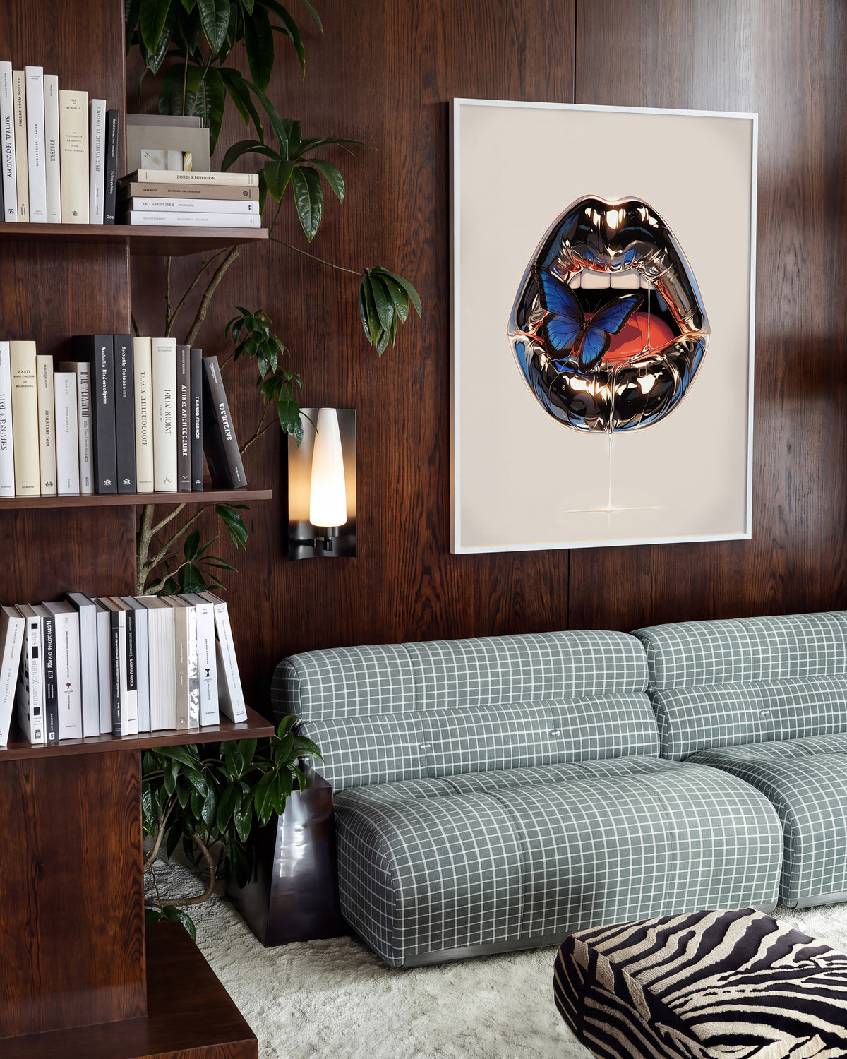 Lips retro lips illustration print in a white frame on a wall