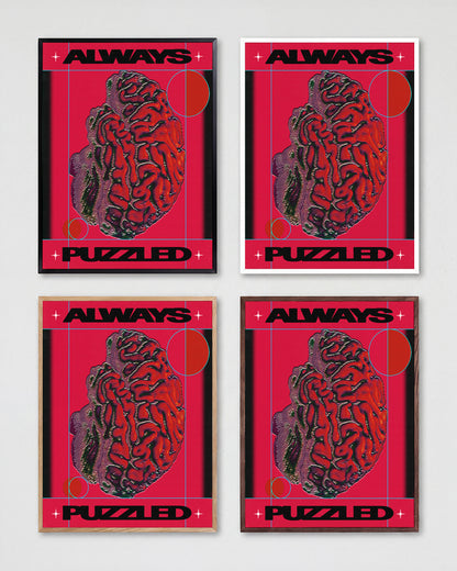 Always puzzled retro cartoon poster shown in all frame colours