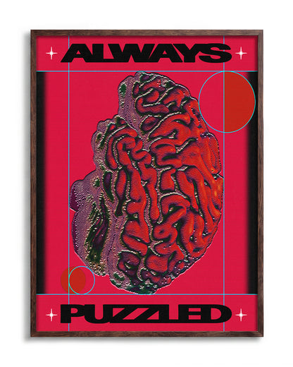 Always puzzled retro cartoon poster in a walnut frame