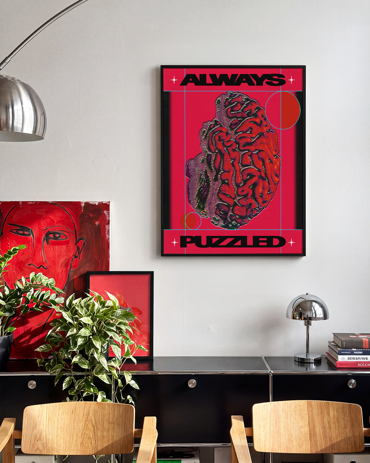 Always puzzled retro cartoon poster in a black frame on a wall