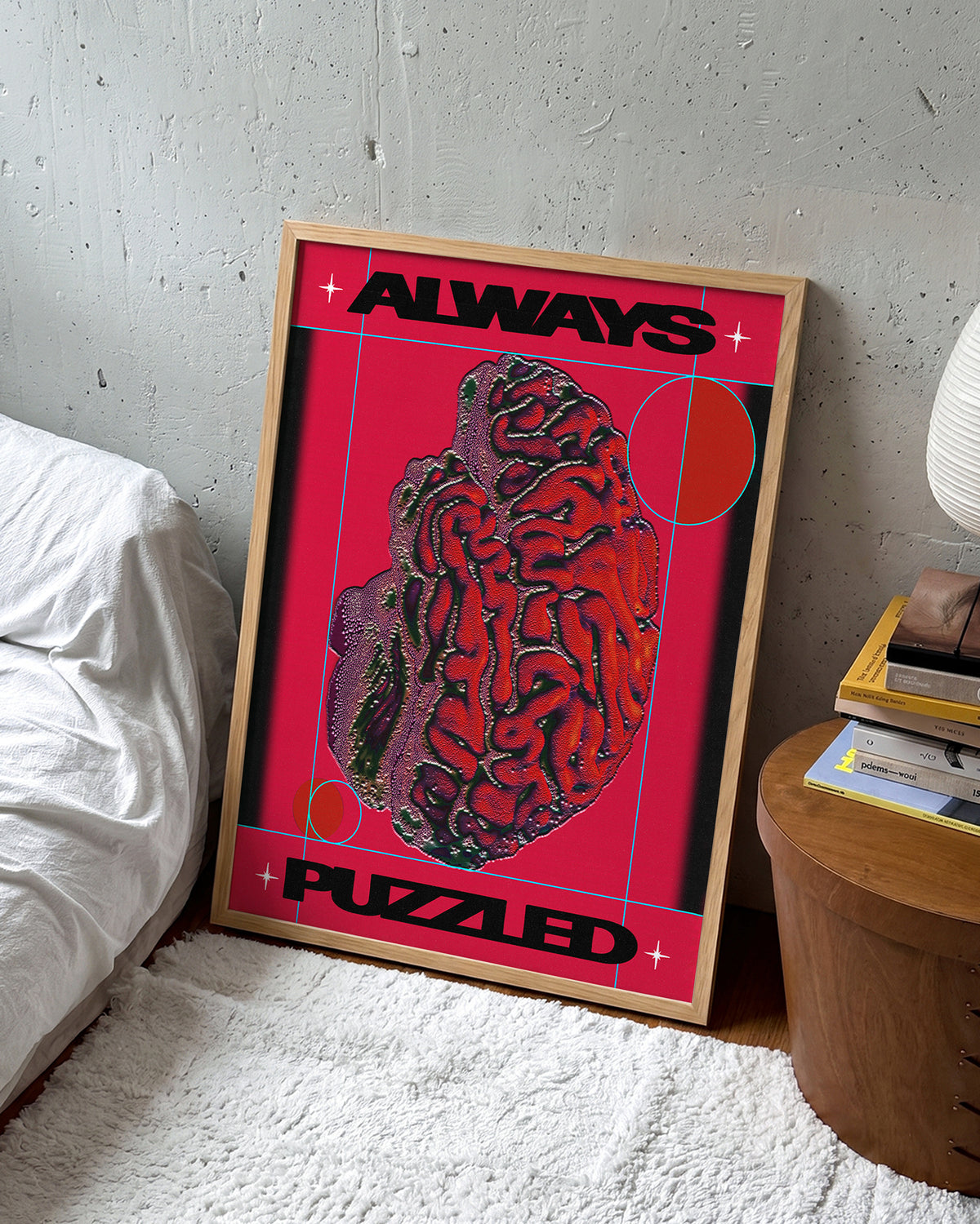 Always puzzled retro cartoon poster in an oak frame on a wall