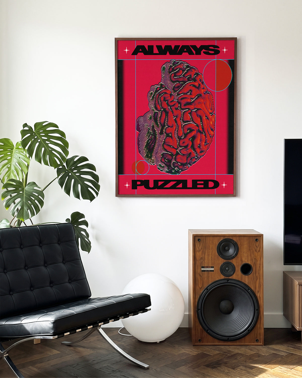 Always puzzled retro cartoon poster in a walnut frame on a wall