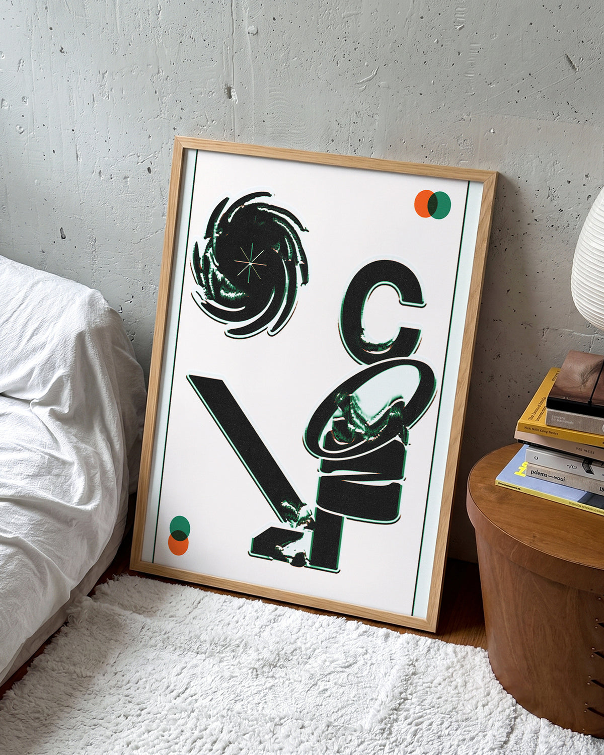 Cozy minimalist typography poster in an oak frame on a wall