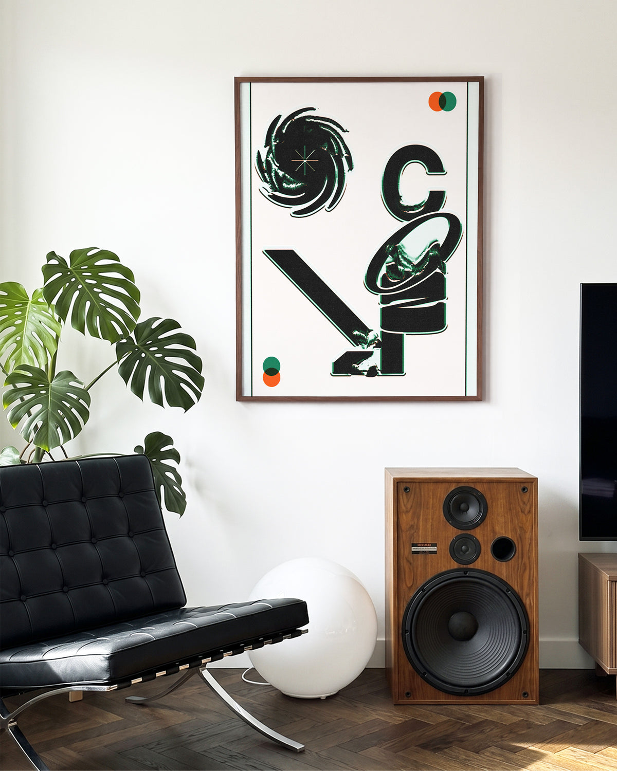 Cozy minimalist typography poster in a walnut frame on a wall